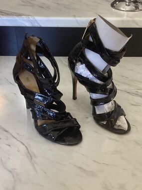L.A.M.B. Black Patent Multi-Strap Stiletto Sandals